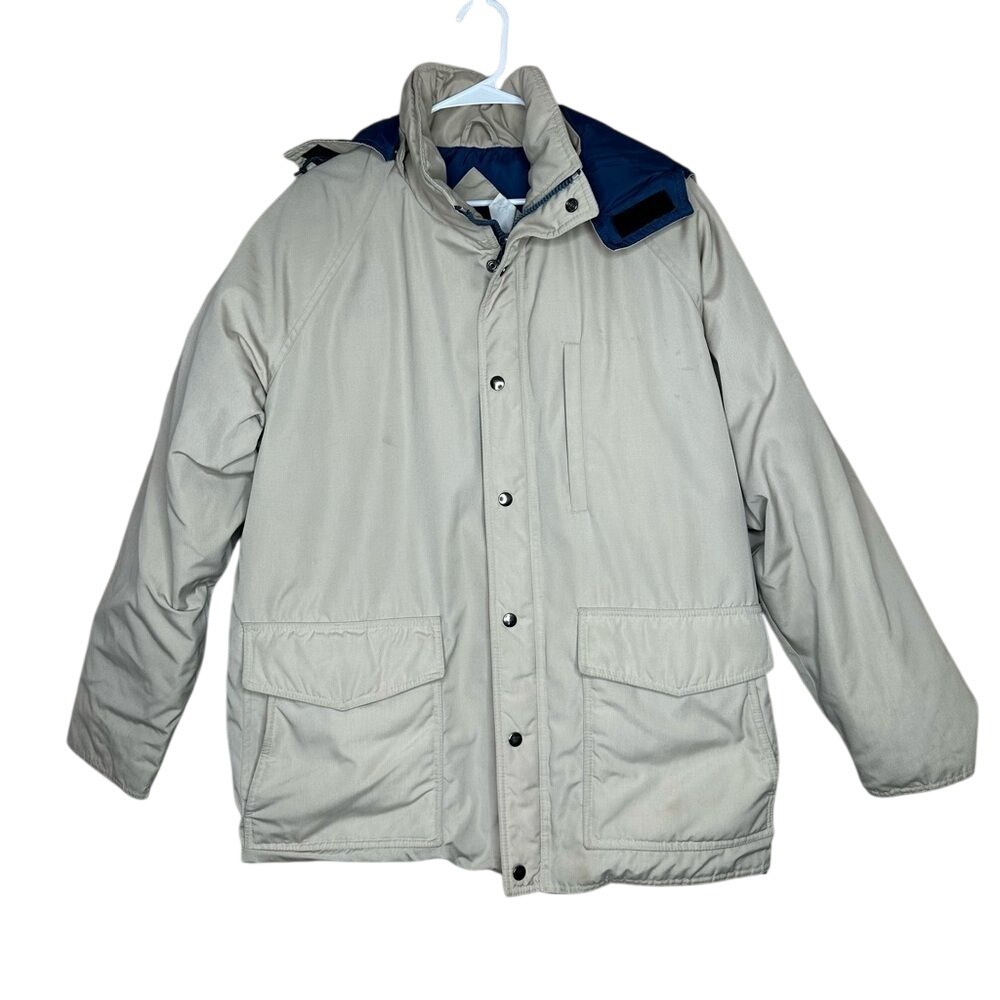 Vintage Penfield Down Parka Jacket Mens Large Tan Navy Blue Hooded Puffer Coat